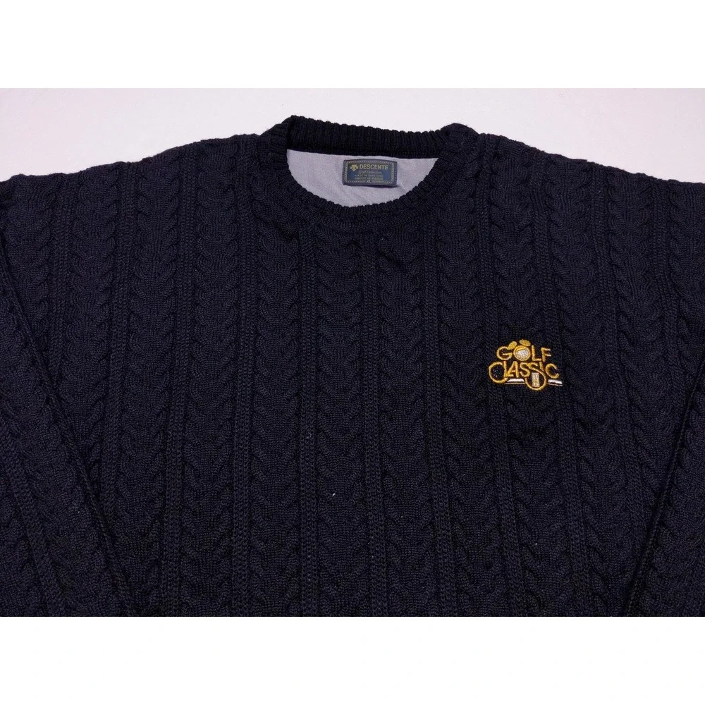 Vintage DESCENTE Walt Disney World Golf Classic Cable Knit Wool Sweater Black XL